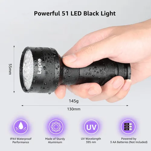 Miniatura 6 de Lepro - Linterna UV de 51 LEDs, luz negra manual, linterna UV con luz negra, detector de 395nm para orina de mascotas, manchas, chinches de cama
