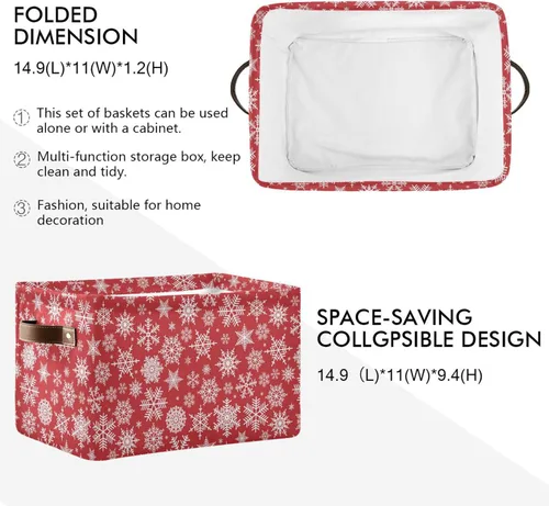 Miniatura 3 de Bolaz Cesta de almacenamiento plegable, cubos organizadores con patrón de Navidad con copos de nieve blancos sobre fondo rojo, bolsa de cubo