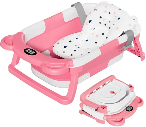Miniatura 16 de TPN - Bañera plegable para bebés con cojín suave y termómetro en tiempo real, bañera portátil de viaje para recién nacidos e infantes