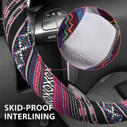 Miniatura 5 de CAR PASS Funda para Volante Estilo Bohemio, Funda Universal para Volante de Tela de Lino Étnica, Diseño Antideslizante, Se Adapta a Volantes