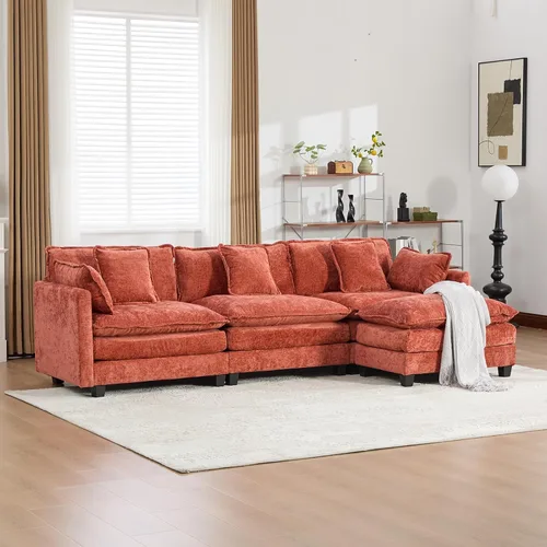 Miniatura 4 de Sofá modular naranja de 111.5 pulgadas, sofás seccionales grandes de 3 plazas para sala de estar, sofá nube de tela de felpilla de gran