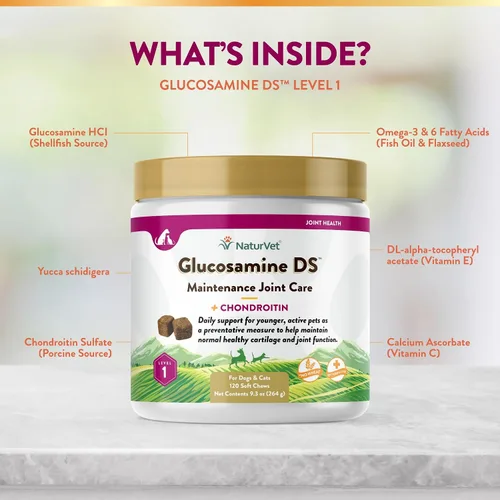 Miniatura 5 de NaturVet Glucosamina DS Nivel 1 Mantenimiento, Suplemento de apoyo para el cuidado de las articulaciones para perros y gatos, masticables suaves