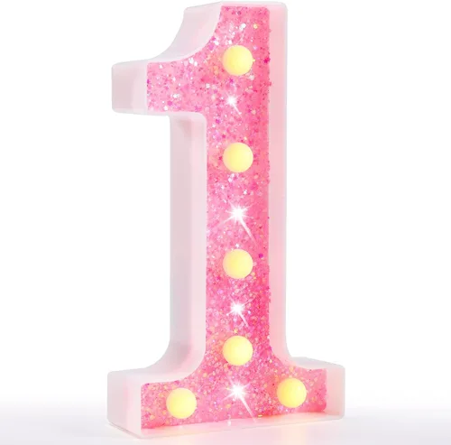 Miniatura 80 de Pooqla Luces de números de marquesina, números de luz rosa para niñas de 10.º cumpleaños, funciona con pilas, luz nocturna de número con purpurina