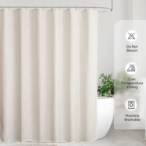 Miniatura 6 de WELTRXE Cortina de ducha bohemia, moderna cortina de ducha con borlas, decoración rústica de baño, tela resistente repelente al agua con gancho