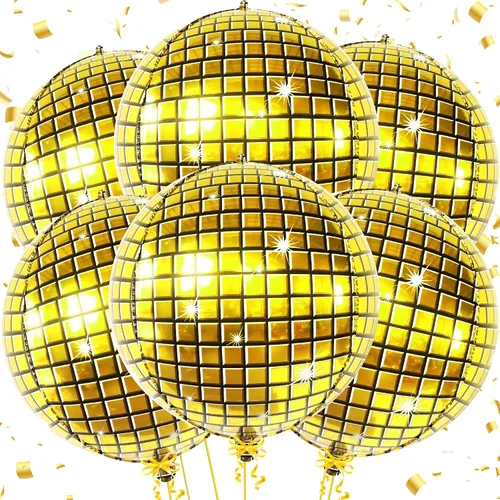 KatchOn, Globos de bola de discoteca dorados, paquete de 6 de 22 pulgadas, globos de discoteca 4D para decoraciones de fiesta de cumpleaños doradas,