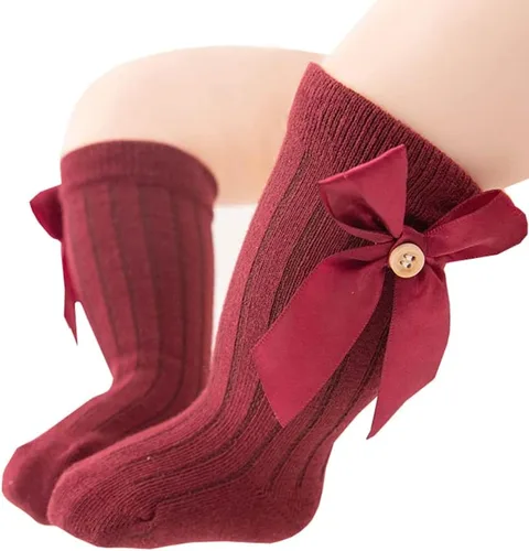 Miniatura 14 de QandSweet Calcetines altos hasta la rodilla para bebé, recién nacido, sin costuras, para niñas pequeñas, con lazo grande, de algodón