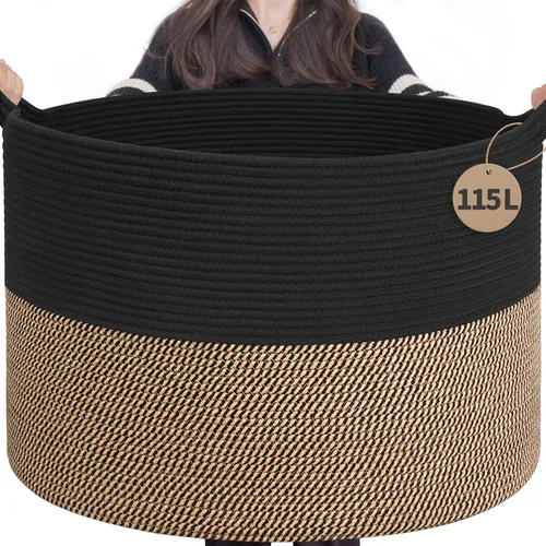 Miniatura 19 de INDRESSME Cesta de Cuerda de Algodón XXXLarge 21.7" x 21.7" x 13.8" Cestas Tejidas para Ropa de Bebé Cestas de Mantas Cesta de Juguetes con Textura