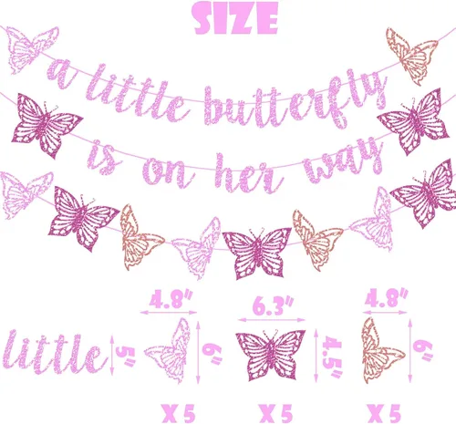 Miniatura 5 de Decoración de fiesta de baby shower con diseño de mariposa con purpurina rosa "A Little Butterfly Is On Her Way" para fiesta temática de mariposa