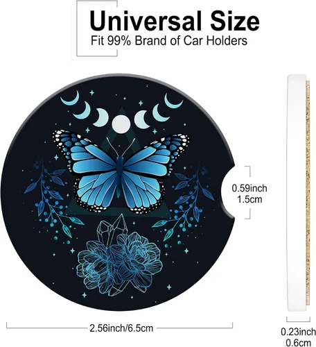 Miniatura 2 de Posavasos para Taza de Automóvil Mariposa Signo Místico Abstracto Azul Posavasos de Automóvil para Portavasos Universal Antideslizante Cerámica