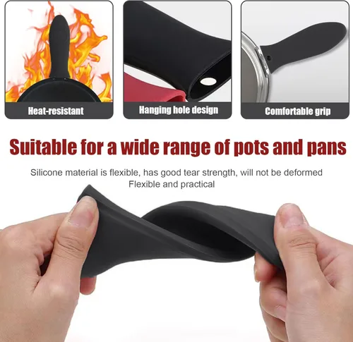Miniatura 4 de Paquete de 2 fundas de silicona para mango de sartén de hierro fundido resistentes al calor, fundas para ollas y sartenes, soporte de mango de Negro