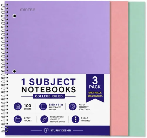 Miniatura 41 de Mintra Office Cuadernos de espiral duraderos, 1 materia, (rosa primavera, amarillo sol, hielo ártico, rayas anchas, paquete de 3)