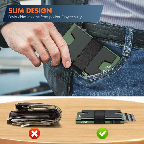 Miniatura 38 de AUTLEY Portatarjetas delgado, billetera minimalista desplegable para hombres, con bloqueo RFID y banda para efectivo (negro)