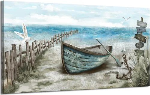 Miniatura 12 de Arte de pared para baño, decoración costera, barco náutico en la playa, lienzo con imagen de gaviota del océano, paisaje marino, arte de granja