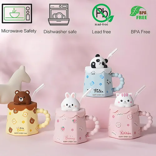 Miniatura 6 de Taza GawmFoiuy Mark con pajita, taza de cerámica con estampado de animales, 414 ml, tazas de café y té kawaii, tazas de animales divertidas, taza