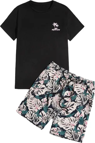 Miniatura 96 de GORGLITTER Conjunto de 2 piezas de camiseta gráfica de manga corta para hombre, estampado hawaiano con cordón y pantalones cortos