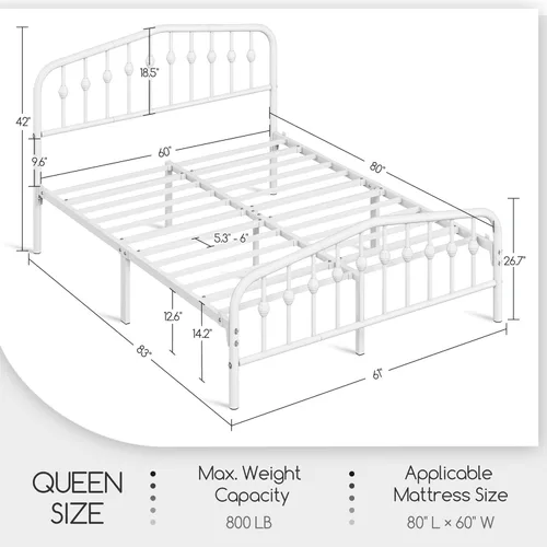 Miniatura 2 de Yaheetech Marco de Cama de Metal Tamaño Queen Plataforma de Cama de Metal con Cabecera/Piecera de Estilo Victoriano/Fácil Montaje/No Necesita blanco