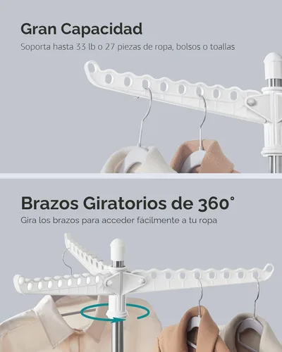 Miniatura 3 de SONGMICS Tendedero de Ropa, Tendedero de Secado Plegable de 59 Pulgadas con 3 Brazos Giratorios para Perchas, 4 Patas, Acero Inoxidable, para 27