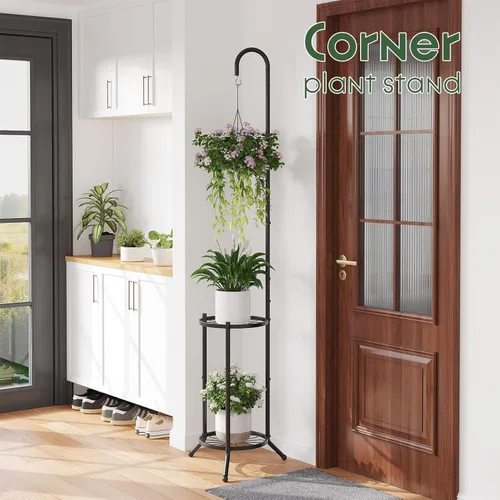 Miniatura 4 de Soporte de metal de 2 niveles para plantas colgantes para interiores y exteriores, estantes de hierro que ahorran espacio, estante de exhibición