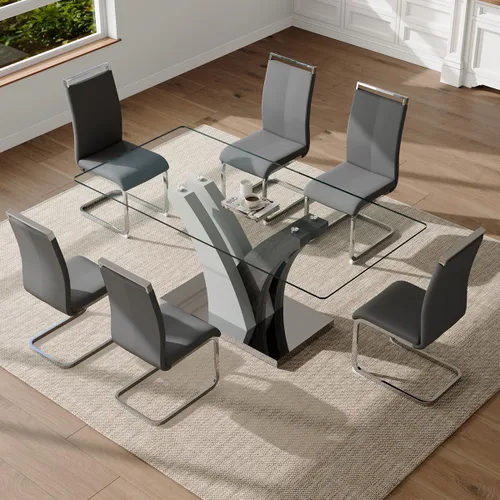 Miniatura 10 de Juego de mesa de comedor de cristal para 6, juego de mesa de cocina de 71 pulgadas para 6, juego de mesa de comedor grande con sillas de piel