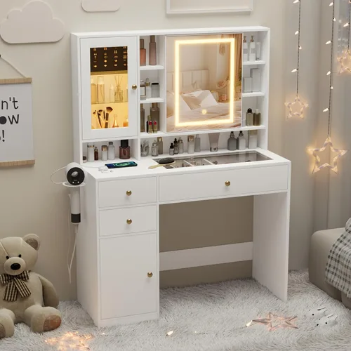Miniatura 14 de Wodeer Pequeño escritorio de maquillaje con espejo y luces, tocador con armario de cristal, luces LED y toma de corriente, cajón y gabinetes