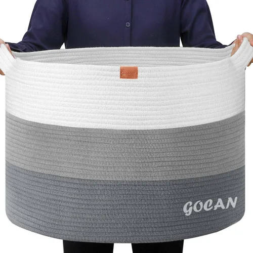 Miniatura 12 de GOCAN Cesta de almacenamiento extragrande para lavandería, 22 x 22 x 14 pulgadas, cesta tejida de cuerda de algodón para manta con asas para sala