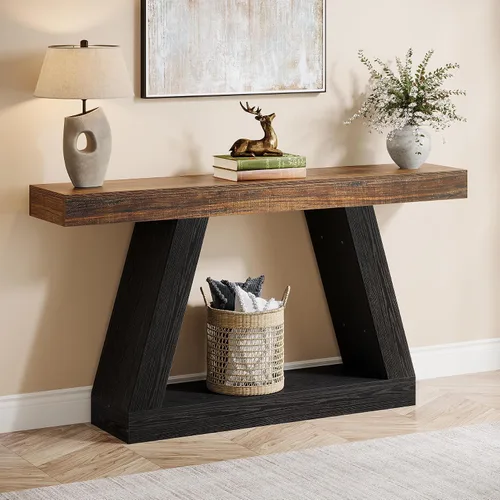 Miniatura 10 de Tribesigns Mesa consola de granja, mesa de sofá rústica de 55 pulgadas con almacenamiento, mesa de entrada de madera industrial para pasillo, sala