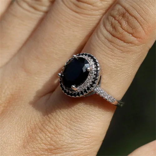 Miniatura 4 de Anillo de plata de ley 925 brillante con diamantes de corte ovalado, ónix negro, marcasita blanca, circonita cúbica, anillos de cóctel, anillo