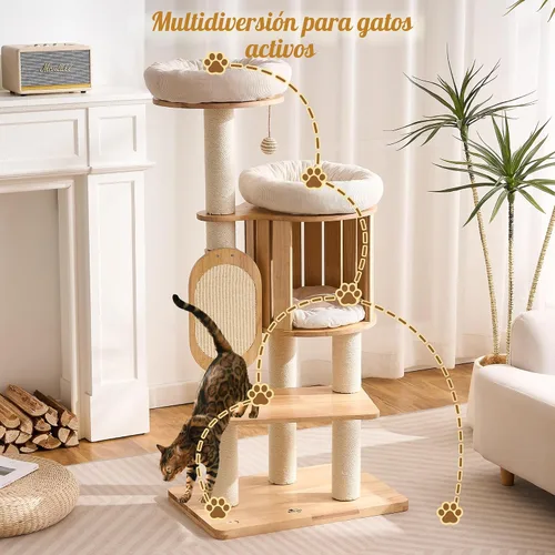 Miniatura 8 de Árbol Moderno de Madera Maciza para Gatos Adultos Grandes de Interior, Torre para Gatos de 50 Pulgadas de Alto con Postes Rascadores de Sisal, 50.0