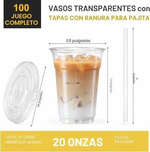 Miniatura 2 de VITEVER [100 Juegos - 20oz] Vasos de Plástico Transparente con Tapas y Pajitas, Vasos Desechables para Café Helado, Batido, Malteada, Bebidas Frías