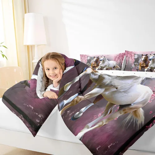 Miniatura 7 de Feelyou Juego de edredón tamaño individual con diseño de caballo y cerezo en flor de galope para niños, adolescentes, edredón occidental, decoración