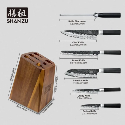 Miniatura 2 de SHAN ZU Juego de Cuchillos Japoneses de 7 Piezas - 7 Capas 10Cr15MoV Juego de Cuchillos de Cocina de Acero con Alto Contenido de Carbono con Bloque