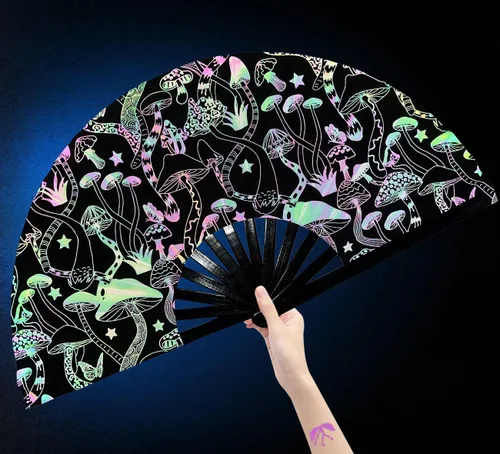 Ventilador de mano plegable grande para rave, ventilador de palmada de baile de línea para baile, fiesta, decoración, festival (seta)