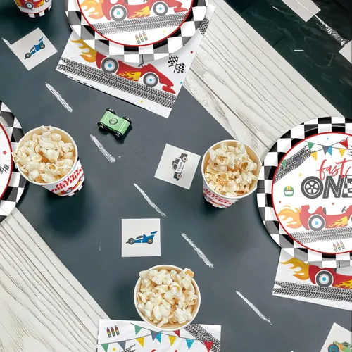 Miniatura 5 de Xigejob Suministros para fiesta de primer cumpleaños de coche de carreras, decoración rápida de un cumpleaños, vajilla, plato de papel, servilleta