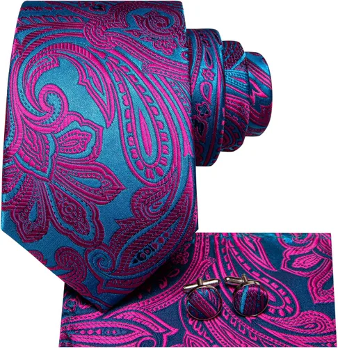 Miniatura 224 de Hi-Tie Corbatas de seda para hombre, diseño de cachemira a rayas, con bolsillo, gemelos cuadrados, conjunto formal de negocios