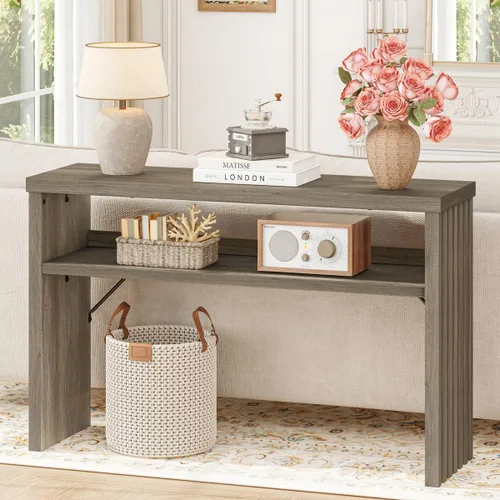 Miniatura 15 de BON AUGURE Mesa consola con almacenamiento, mesa de entrada negra, mesas de sofá de madera detrás del sofá para sala de estar, mesas de entrada