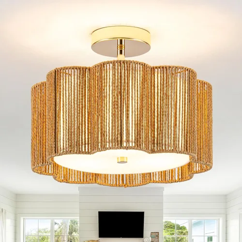 Miniatura 9 de ✿ Lámpara de Techo de Ratán Tejido a Mano de 13.8" con 3 Luces Montaje Empotrado Boho Negro para Dormitorio Pequeño y Guardería, Luz de Techo