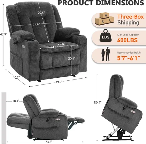 Miniatura 3 de EONIX Sillón reclinable Lay Flat Power Lift con calor y masaje, silla eléctrica de elevación de doble motor para ancianos para recuperación Gris