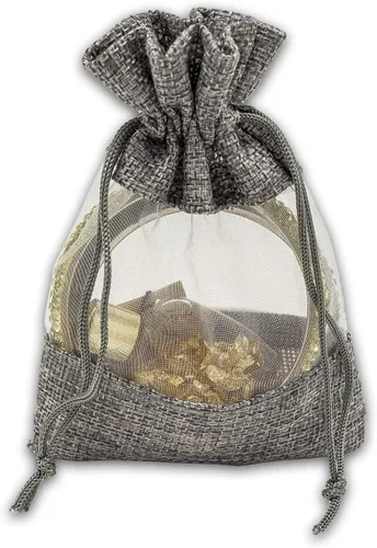 Miniatura 2 de TheDisplayGuys para tu vida moderna - Paquete de 12 bolsas de regalo pequeñas de arpillera de lino y organza con cordones (8.9x14 cm, gris)