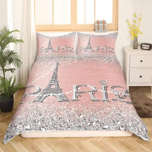 Miniatura 15 de Erosebridal Funda de edredón de la Torre Eiffel para niñas, juego de ropa de cama romántica de París azul, negro y blanco, funda de edredón