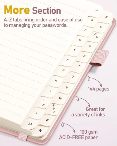 Miniatura 29 de WEMATE Libro de contraseñas con pestañas alfabéticas, libro en espiral para personas mayores, cuaderno de contraseñas de Internet, diario