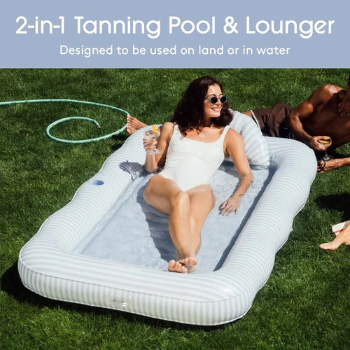 Miniatura 2 de FUNBOY Tanning Pool Lounger Float, XL 72'' x 48'' Pool Float with Custom Pillow and Large Cup Holder, Perfect for Pool or Backyard. Azul