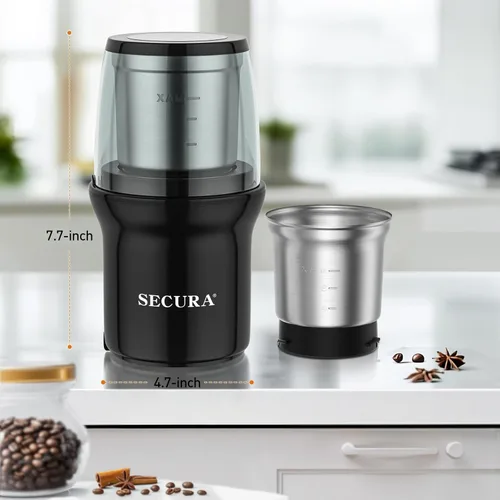 Miniatura 6 de Secura - Molinillo eléctrico para especias, cuencos duales de acero inoxidable para molienda húmeda y seca, uso múltiple para especias y café