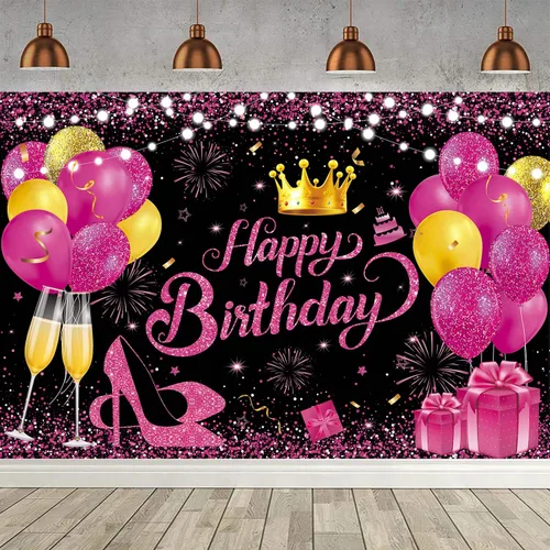 Miniatura 7 de 180x120 cm Telón de fondo brillante negro rosa intenso dorado para fiesta de cumpleaños, fondos de fotos, paño de 71x47 pulgadas, cartel de feliz