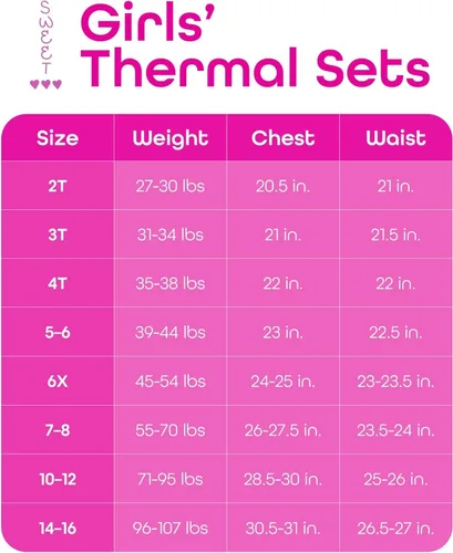 Miniatura 7 de Sweet Hearts Conjunto de ropa interior térmica 2 piezas con forro polar y pantalones largos Juego de capa base de rendimiento para niñas (2T-16)