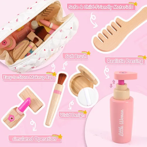 Miniatura 4 de Set de juguetes de maquillaje de madera para niñas: juego de maquillaje de simulación para niños pequeños de 3 a 5 años - Set de maquillaje