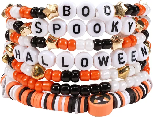 Miniatura 14 de Ardorchid Pulseras de Halloween para Mujeres Calabaza Fantasma Esqueleto Murciélago Calavera con Cuentas Apilables Elásticas Rugby Acción de Gracias