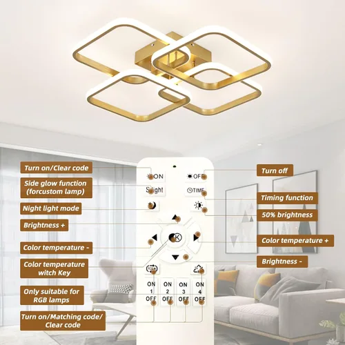 Miniatura 6 de CANEOE Lámpara de techo LED dorada moderna de 4 cuadrados, regulable, control remoto, montaje empotrado cuadrado, iluminación