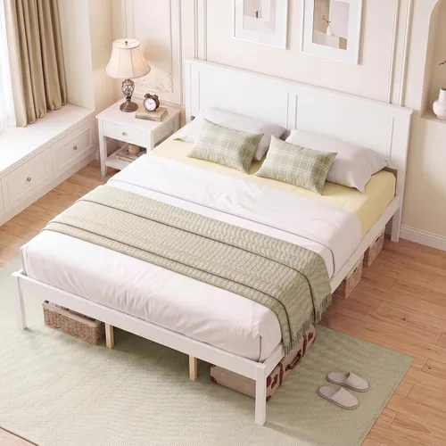 Miniatura 11 de Giantex Marco de cama de madera individual con cabecero, plataforma moderna de mediados de siglo con soporte de listones de madera, base de colchón