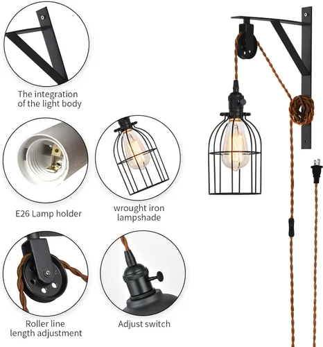 Miniatura 2 de Juego de 2 lámparas colgantes enchufables, lámpara de pared con polea de granja con cable e interruptor de enchufe marrón de 7 pies, lámparas