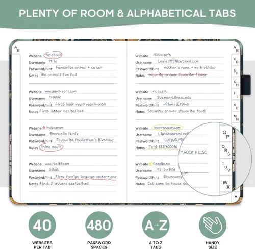 Miniatura 80 de Taja - Libreta de contraseñas con pestañas alfabéticas para personas mayores, cuaderno de contraseñas y registro detallado de direcciones de sitios